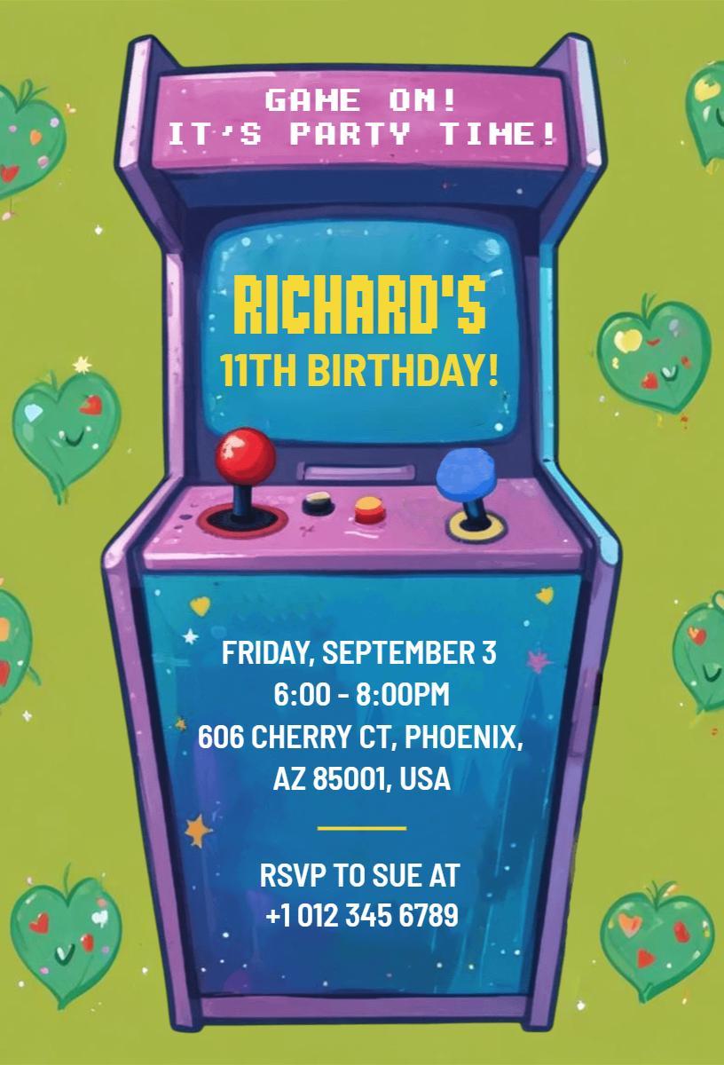 Retro Arcade Video Game Birthday Party Invitation Template