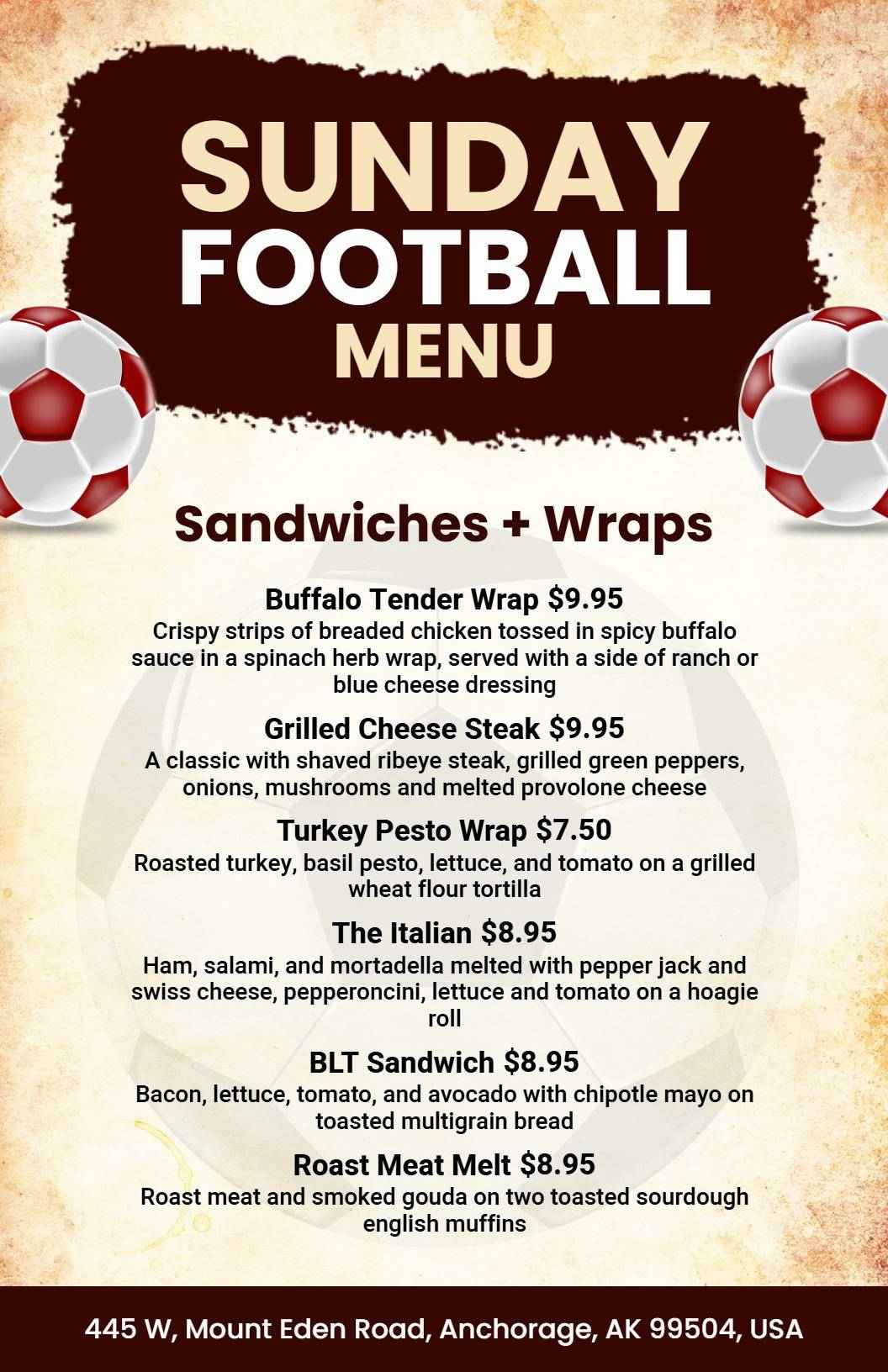 Retro Athletic Style Sunday Football Special Menu Template