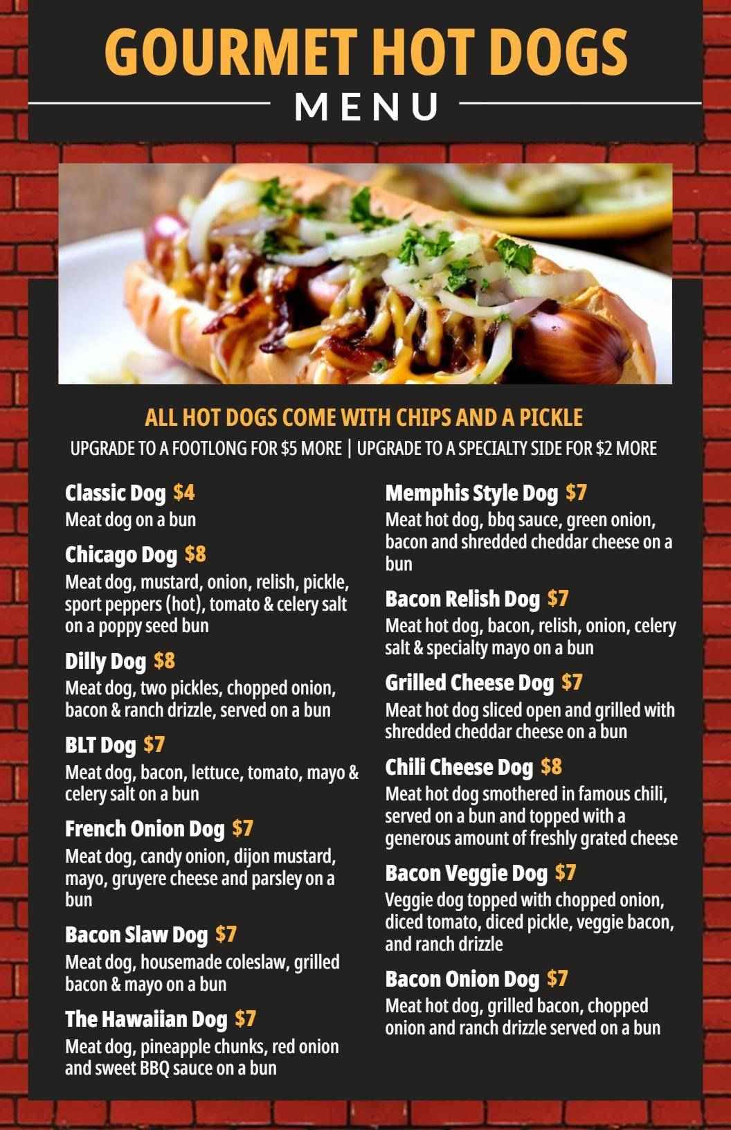 Retro Brick Aesthetic Gourmet Hot Dogs Menu Template