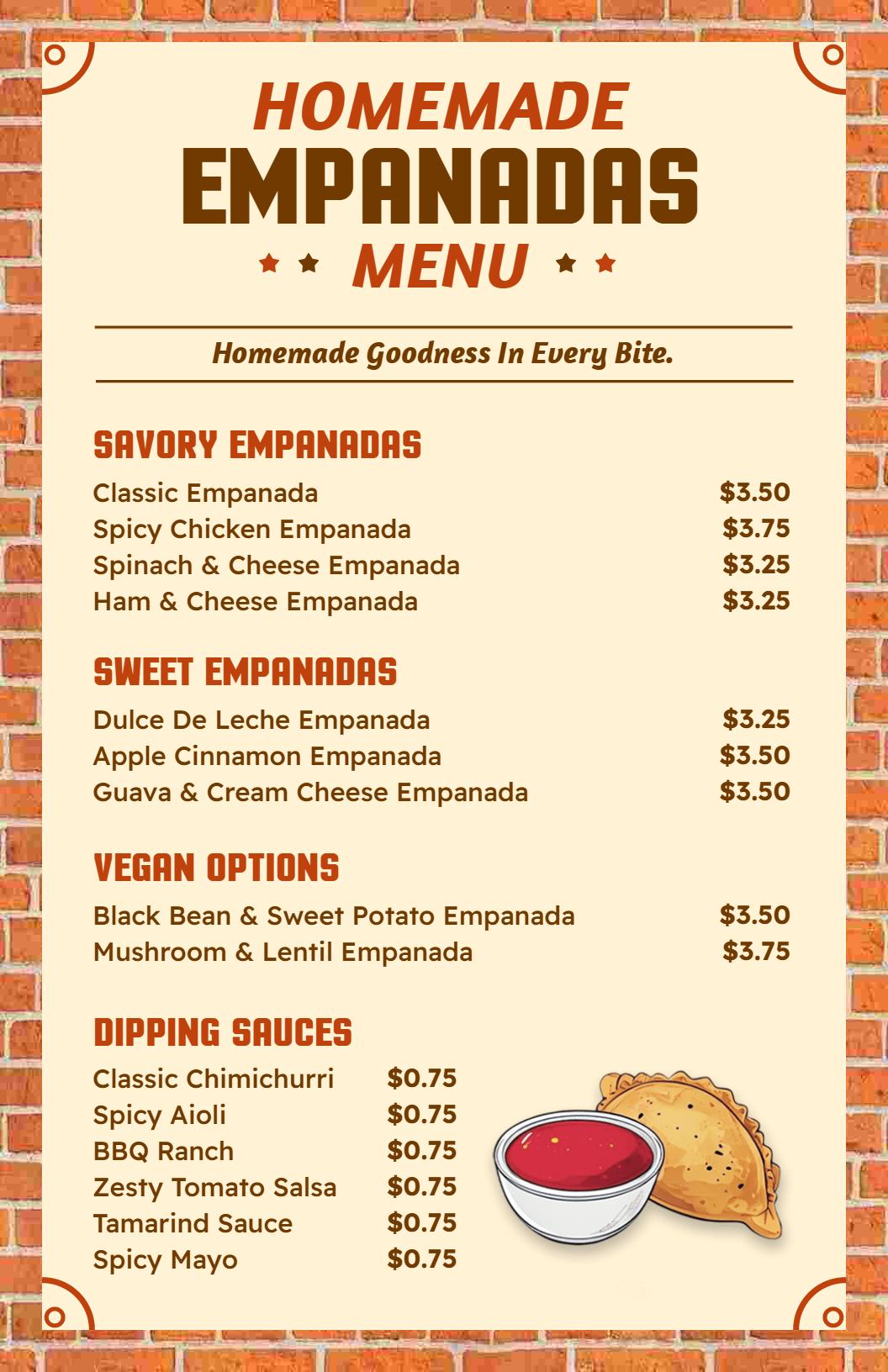 Retro Brick Style Empanada and Sauce Menu Template