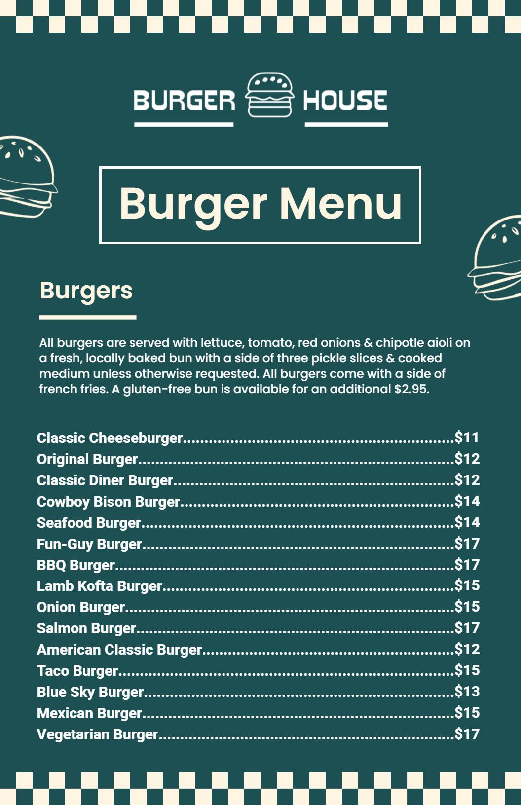 Retro Green Checkerboard Style Burgers and Smoothies Menu Template