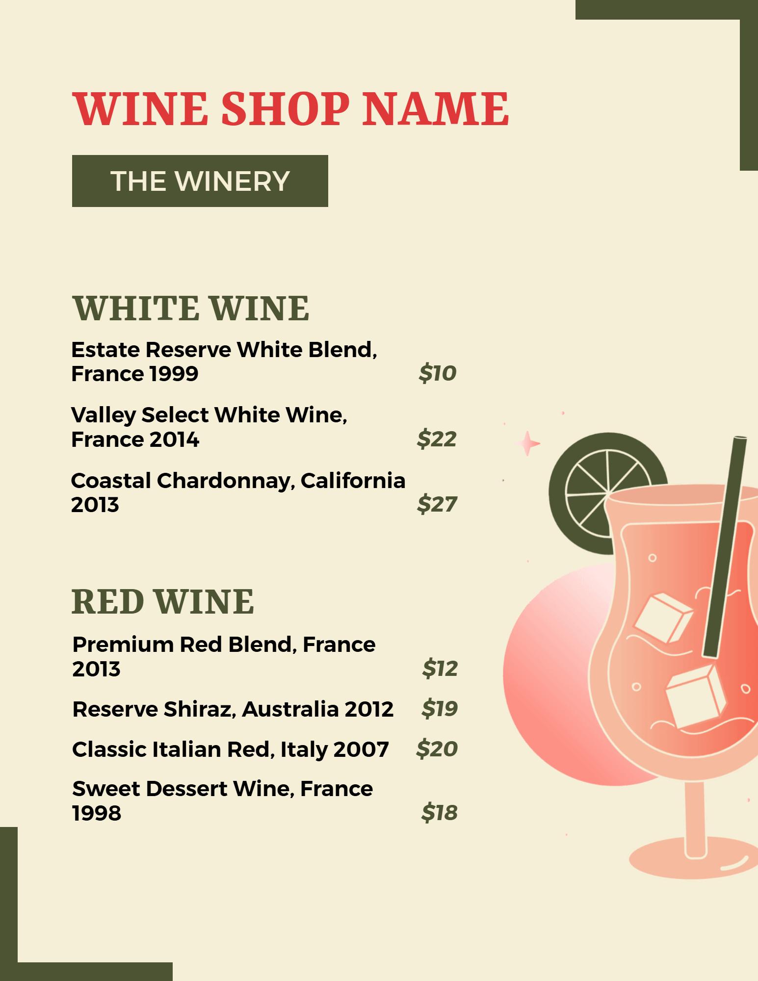 Retro Illustration Wine Glass Design Menu Template