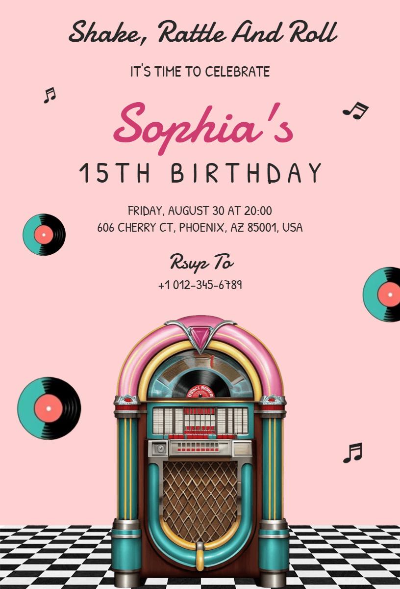 Retro Jukebox 15th Birthday Celebration Invitation Template