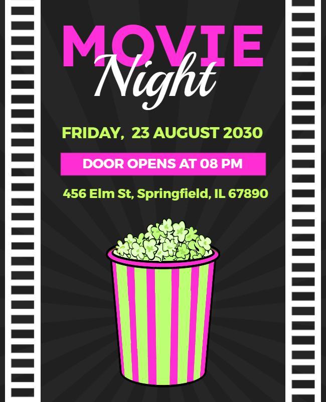 Neon Pink Movie Night with Popcorn Bucket Flyer Template