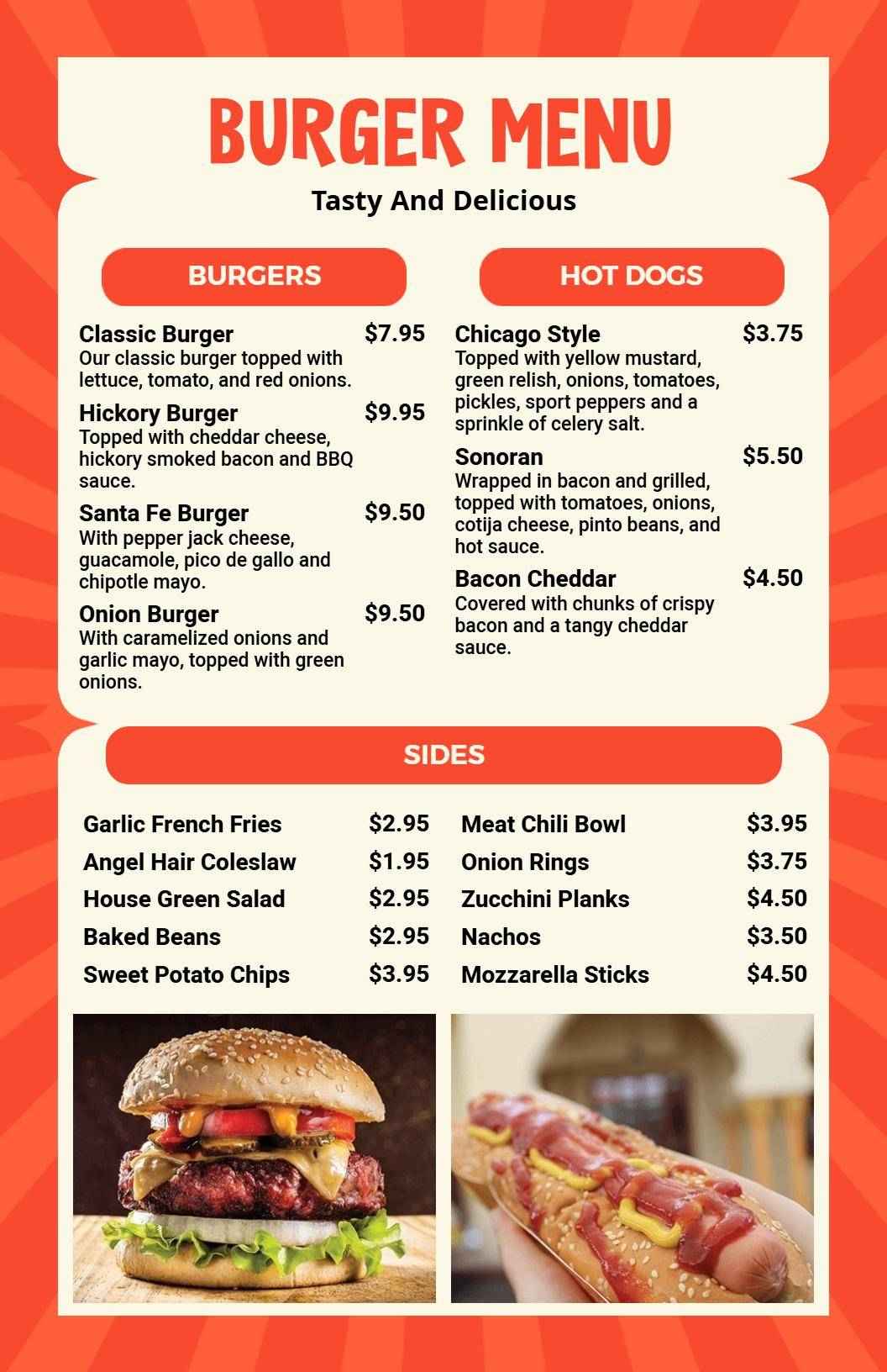 Retro Orange Burger and Gourmet Sides Menu Template