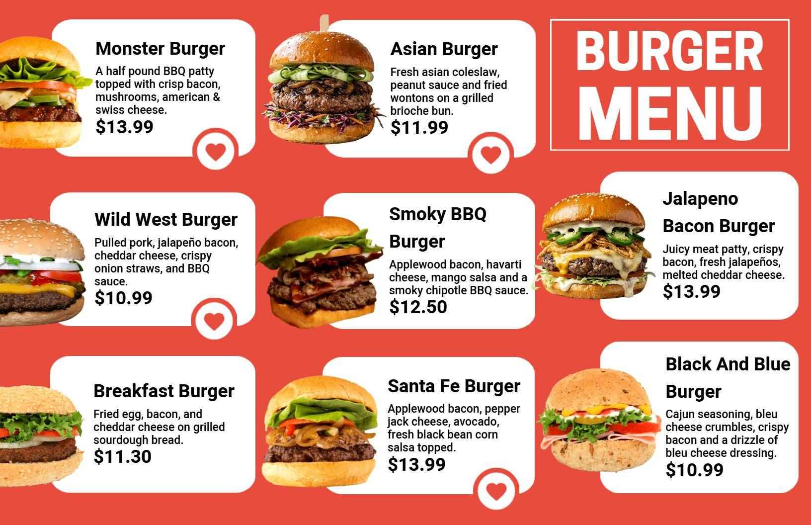 Retro Orange Burger Selection Deal Menu Template