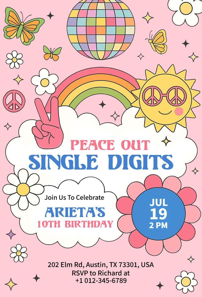 Retro Peace Out Rainbow 10th Birthday Celebration Invitation Template