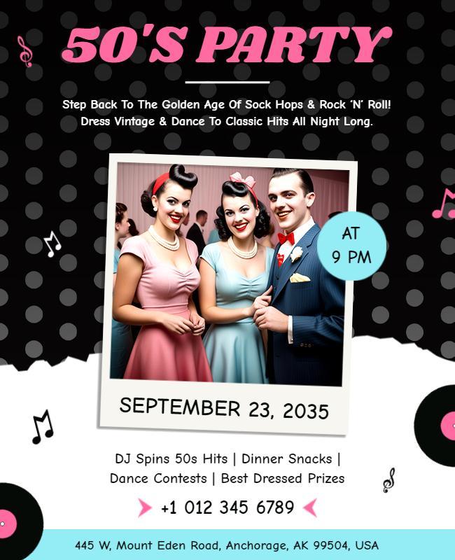 Retro Pink 50's Party Dance Celebration Poster Template