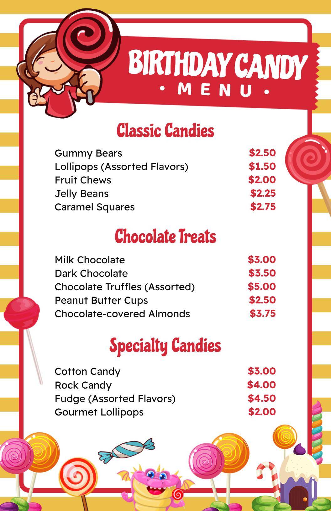 Retro Red and Yellow Birthday Candy Menu Template