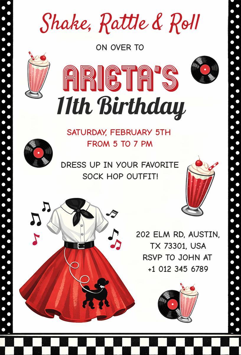 Retro Sock Hop 11th Birthday Celebration Invitation Template