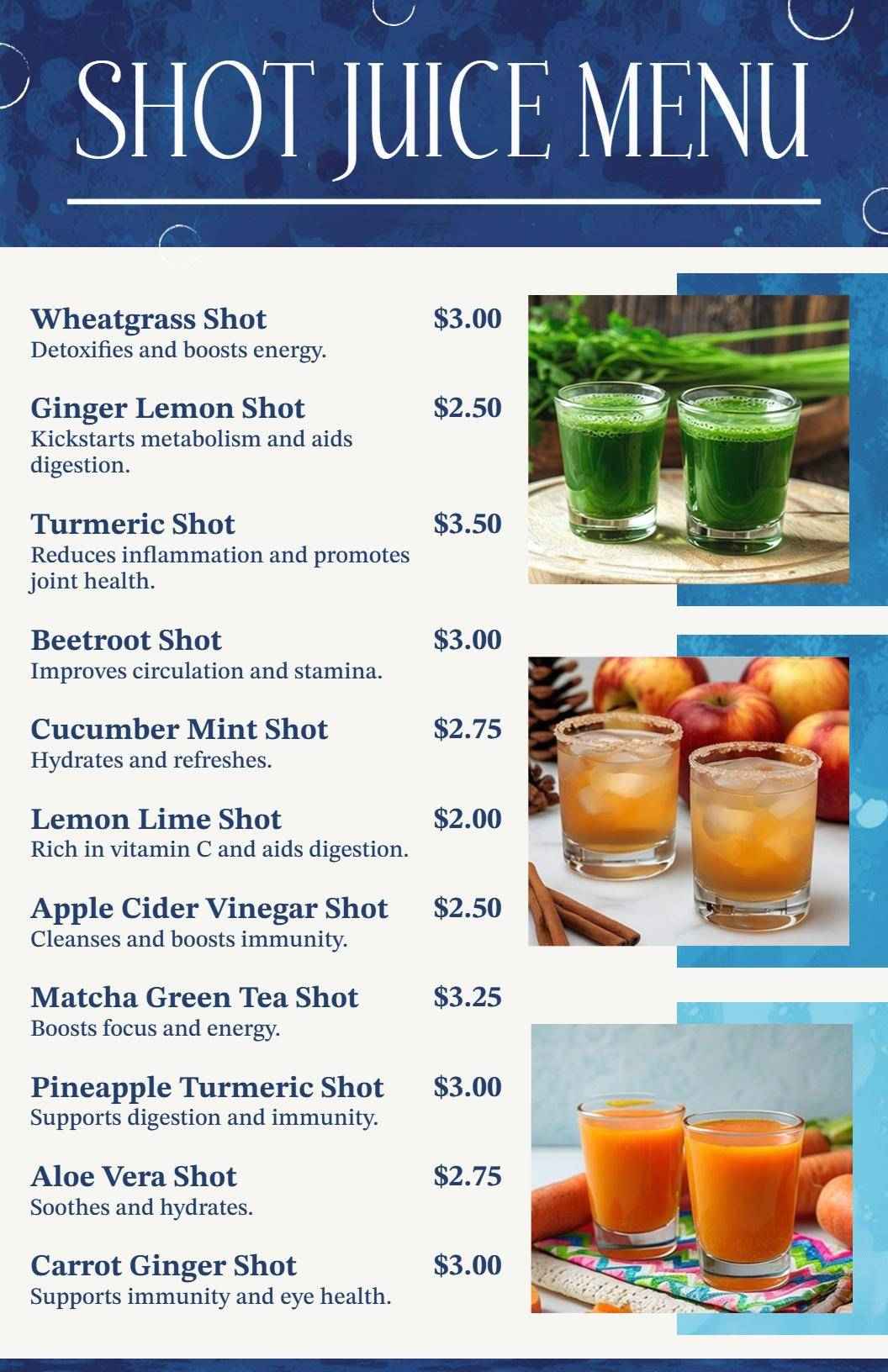 Revitalizing Juice Shots for Energy and Wellness Juice Menu Template