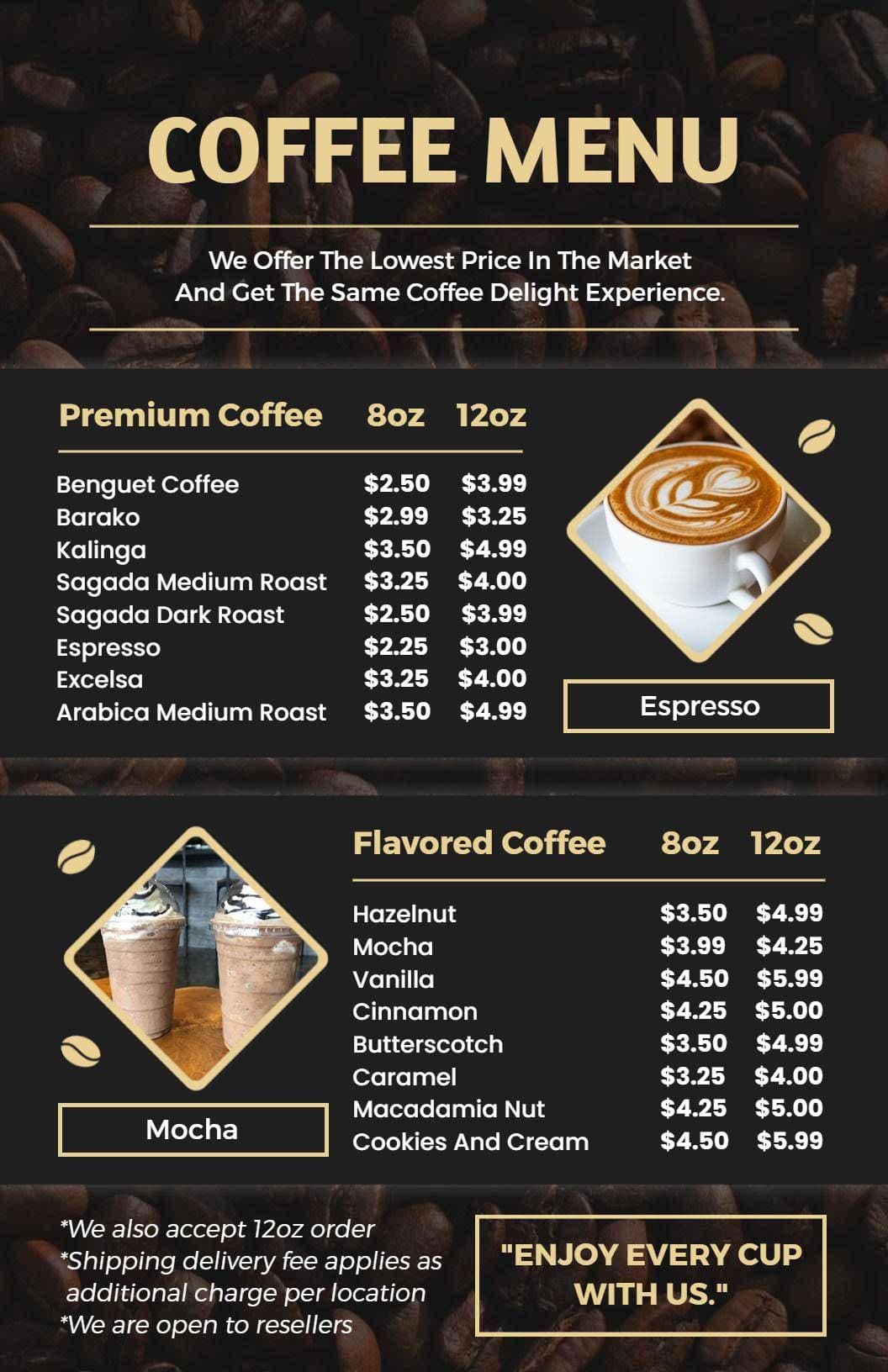 Rich and Diverse Coffee Selections for Every Taste Cafe Menu Template