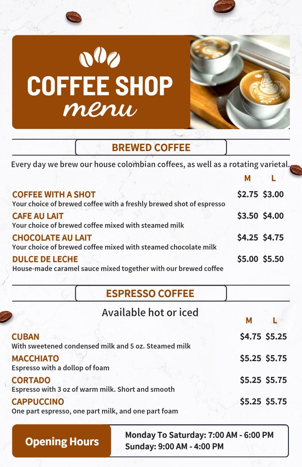 Rich Brewed and Espresso Coffee Selections Signature Cafe Menu Template