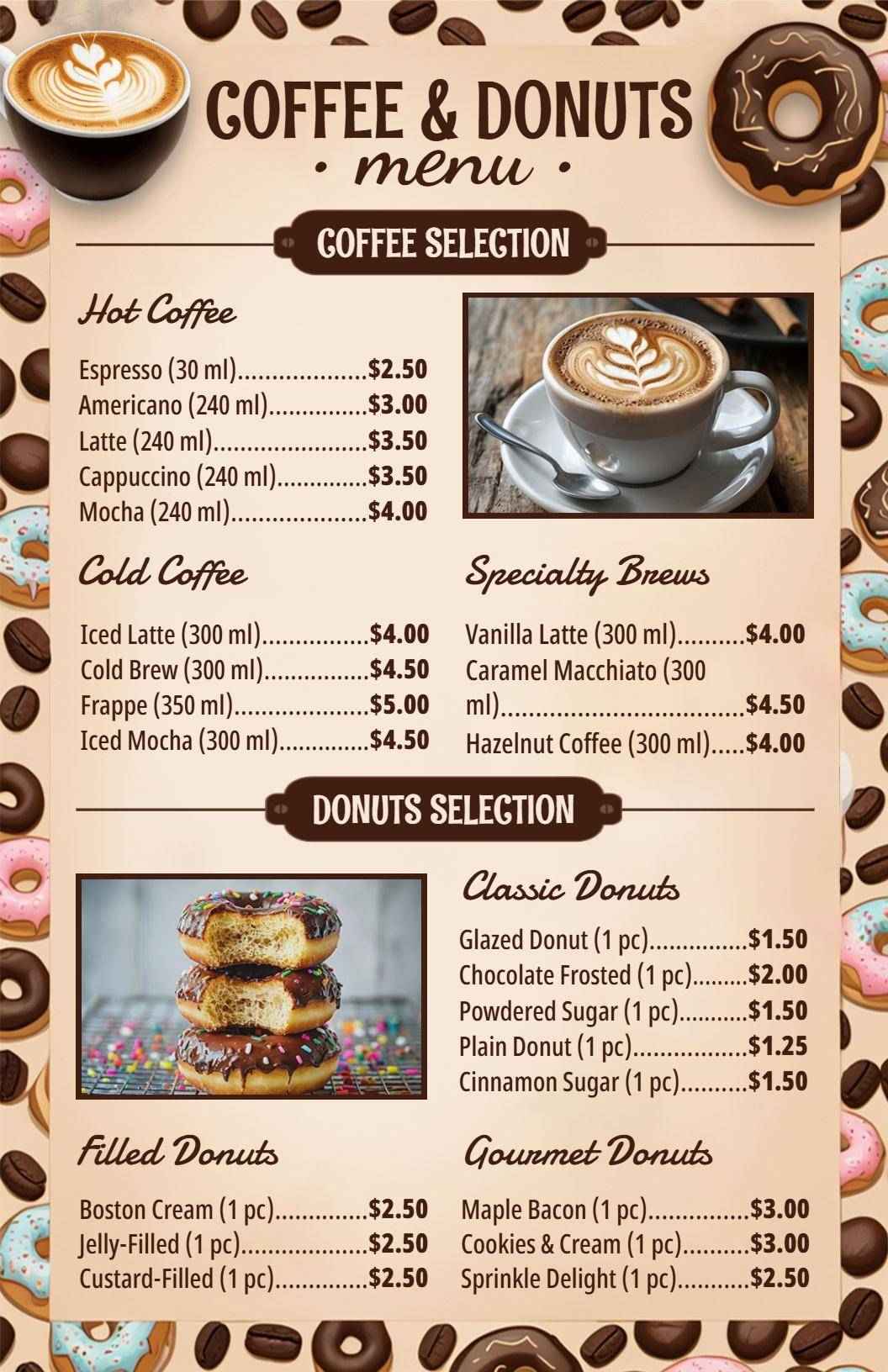 Rich Coffee Selections and Freshly Baked Donuts Cafe Menu Template