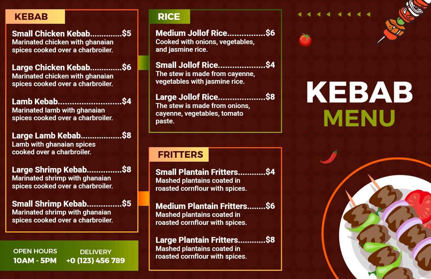 Rich Earthy Tones Kebab Dish with Vibrant Accents Menu Template