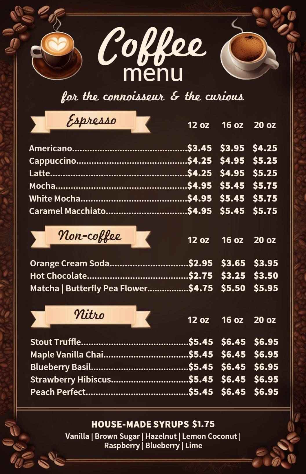 Rich Espresso and Unique Beverage Selections Cafe Menu Template