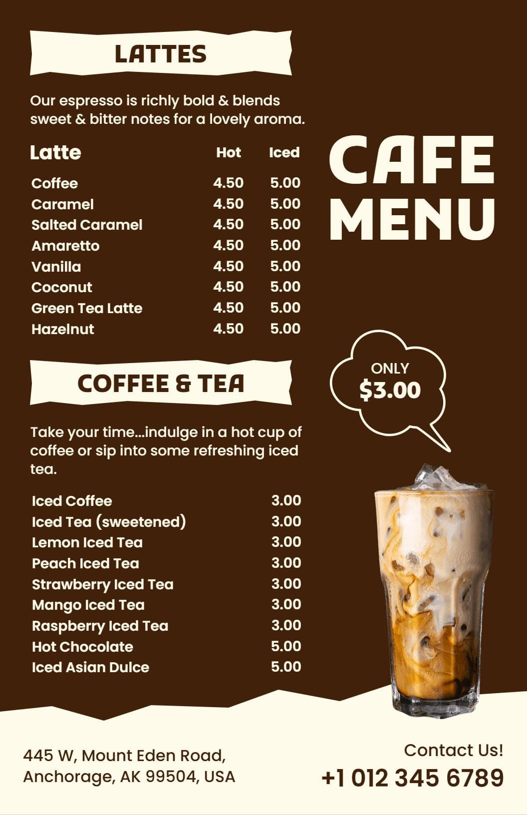 Rich Espresso-Based Drinks and Refreshing Teas Cafe Menu Template