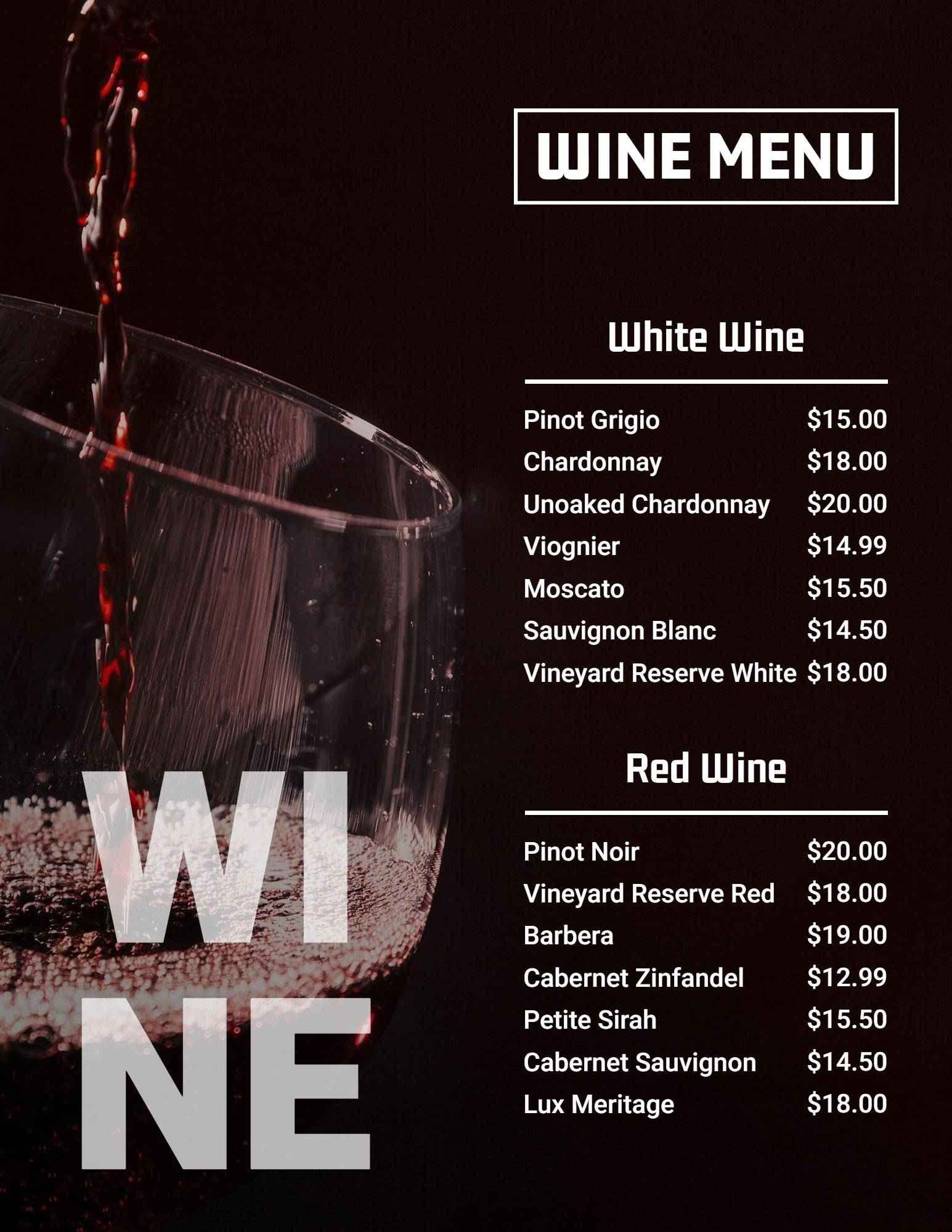 Rich Maroon Elegant Wine Listing with Price Menu Template