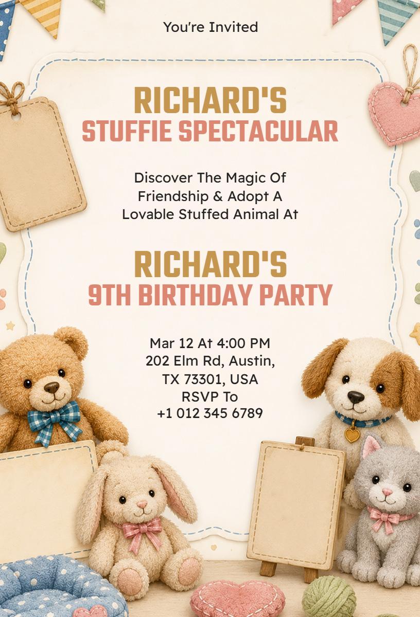 Richard's Stuffie Spectacular 9th Birthday Party Invitation Template