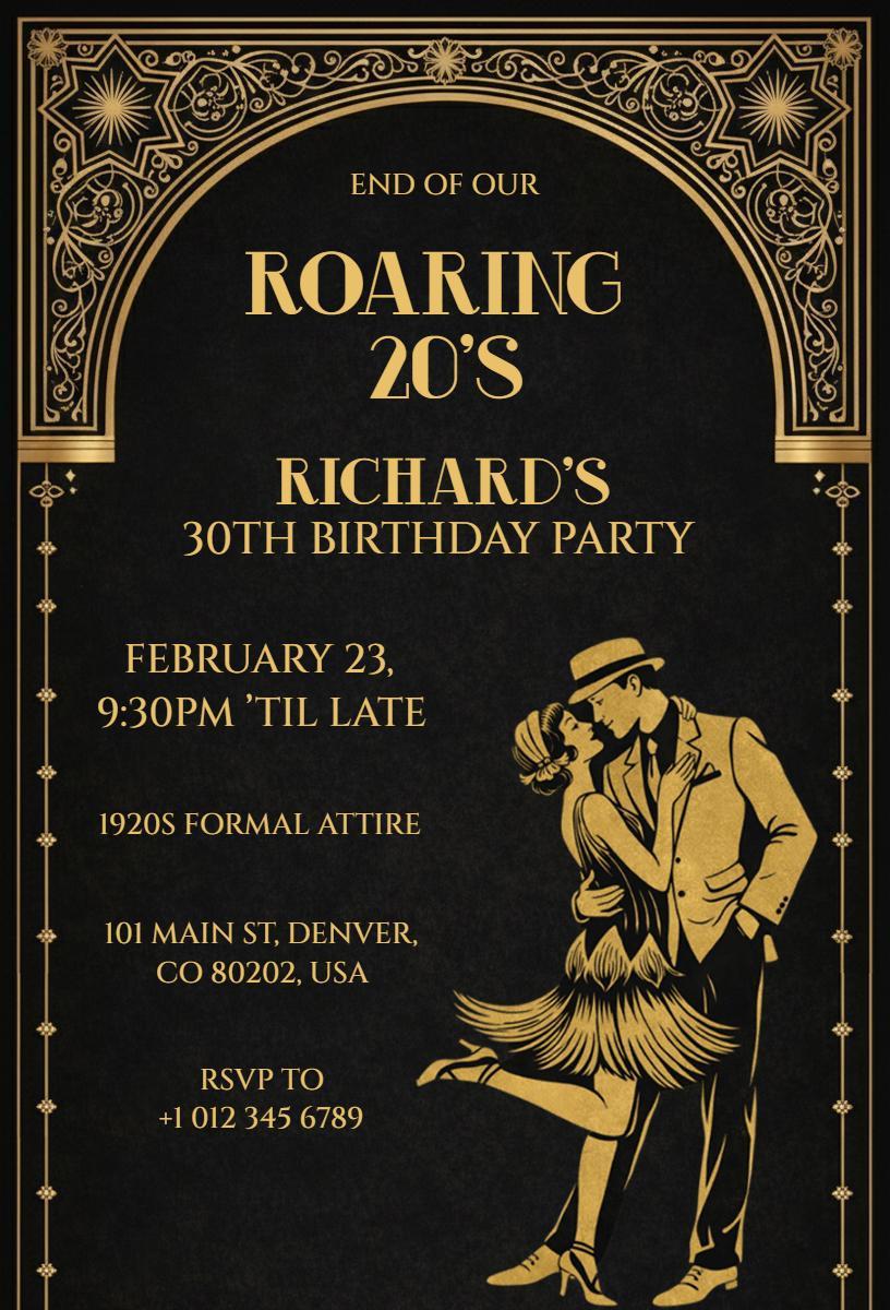Roaring 20s Glamorous 30th Birthday Celebration Invitation Template