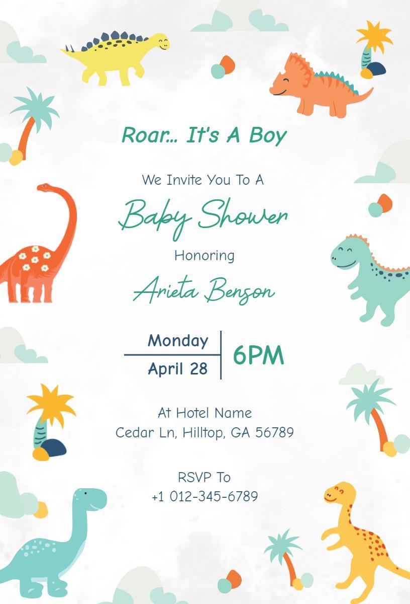 Roaring Dinosaur Adventure Baby Shower Invitation Template