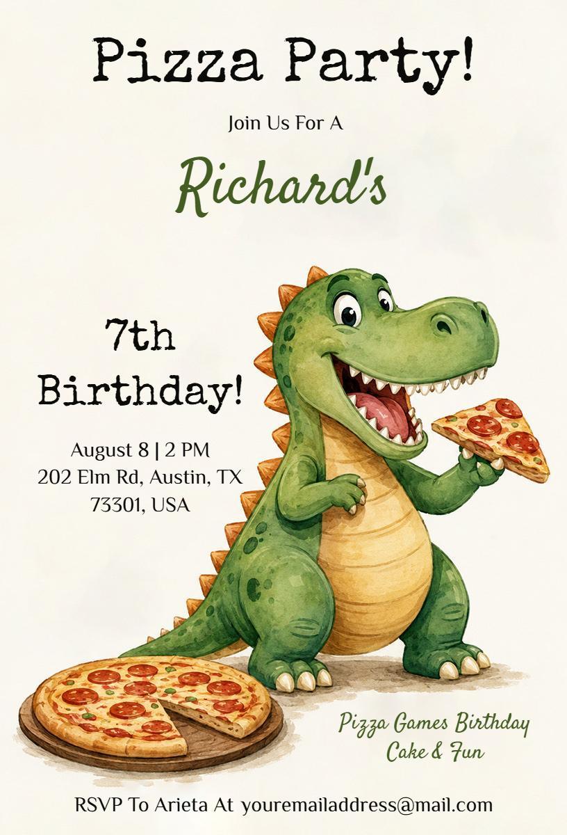 Roaring Dinosaur Pizza Party Birthday Celebration Invitation Template
