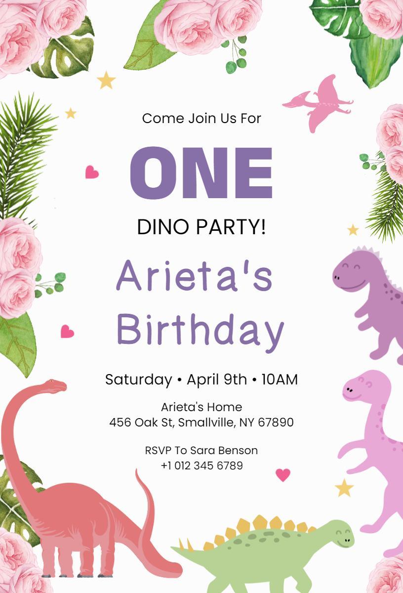 Roaring Dinosaur Themed First Birthday Celebration Invitation Template