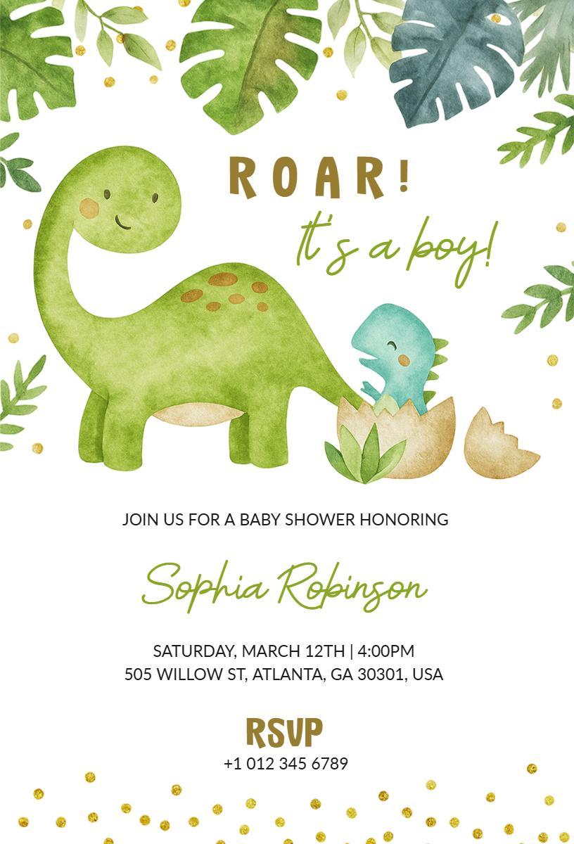 Roaring Green Dinosaur Baby Shower Celebration Invitation Template