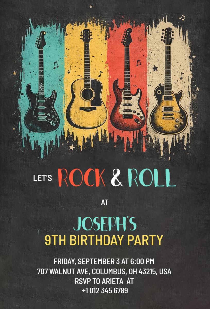 Rock and Roll 9th Birthday Party Celebration Invitation Template