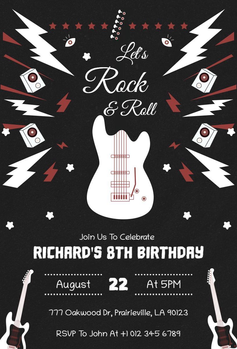Rock and Roll Guitar Themed Birthday Celebration Invitation Template