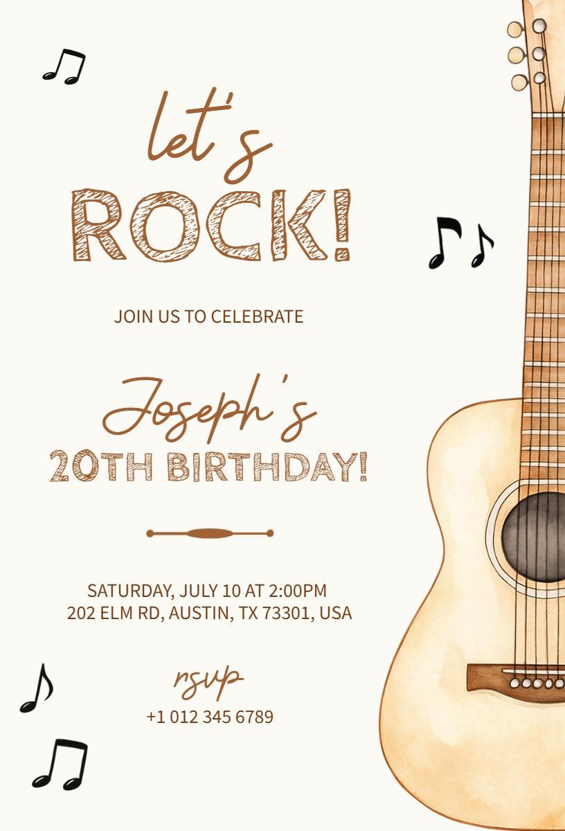 Rock Music Themed 20th Birthday Celebration Invitation Template