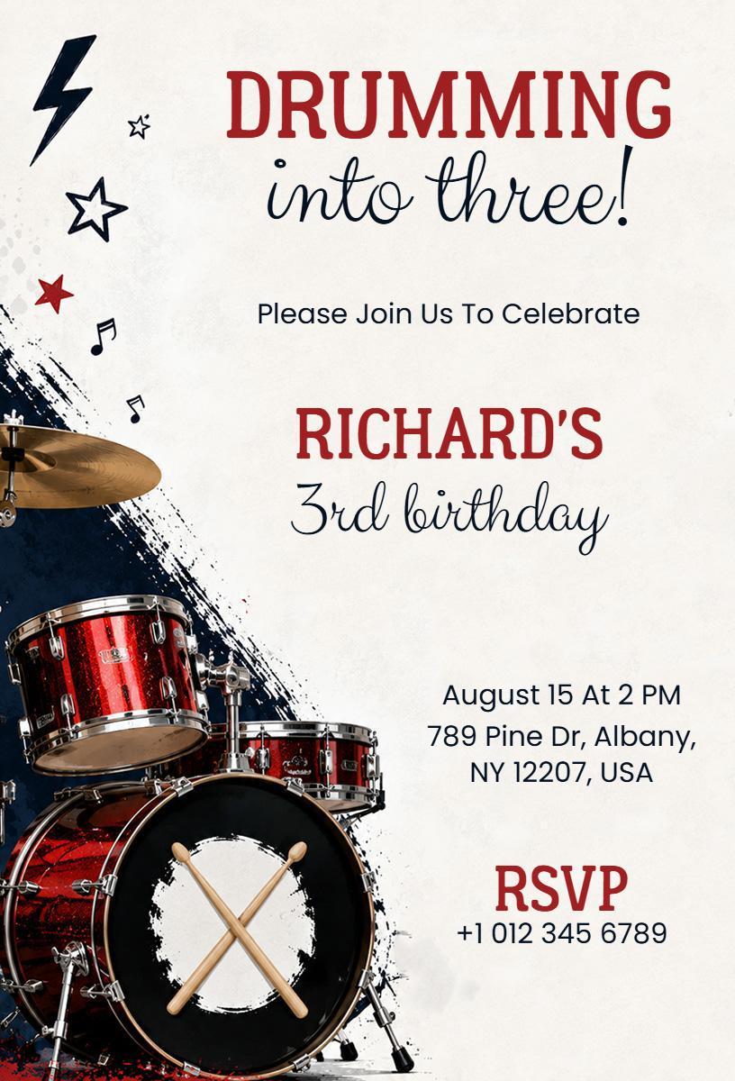 Rocking Drum Theme 3rd Birthday Celebration Invitation Template