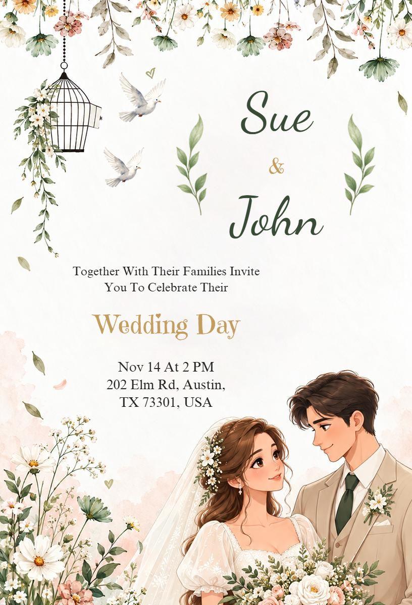 Romantic Anime Couple Wedding Invitation Template