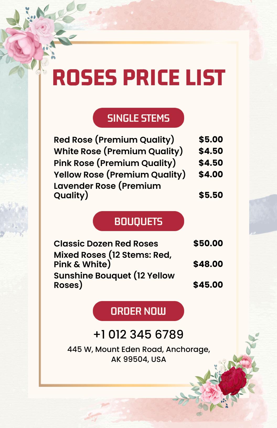 Romantic Bouquet Soft Pink Rose Price List Template