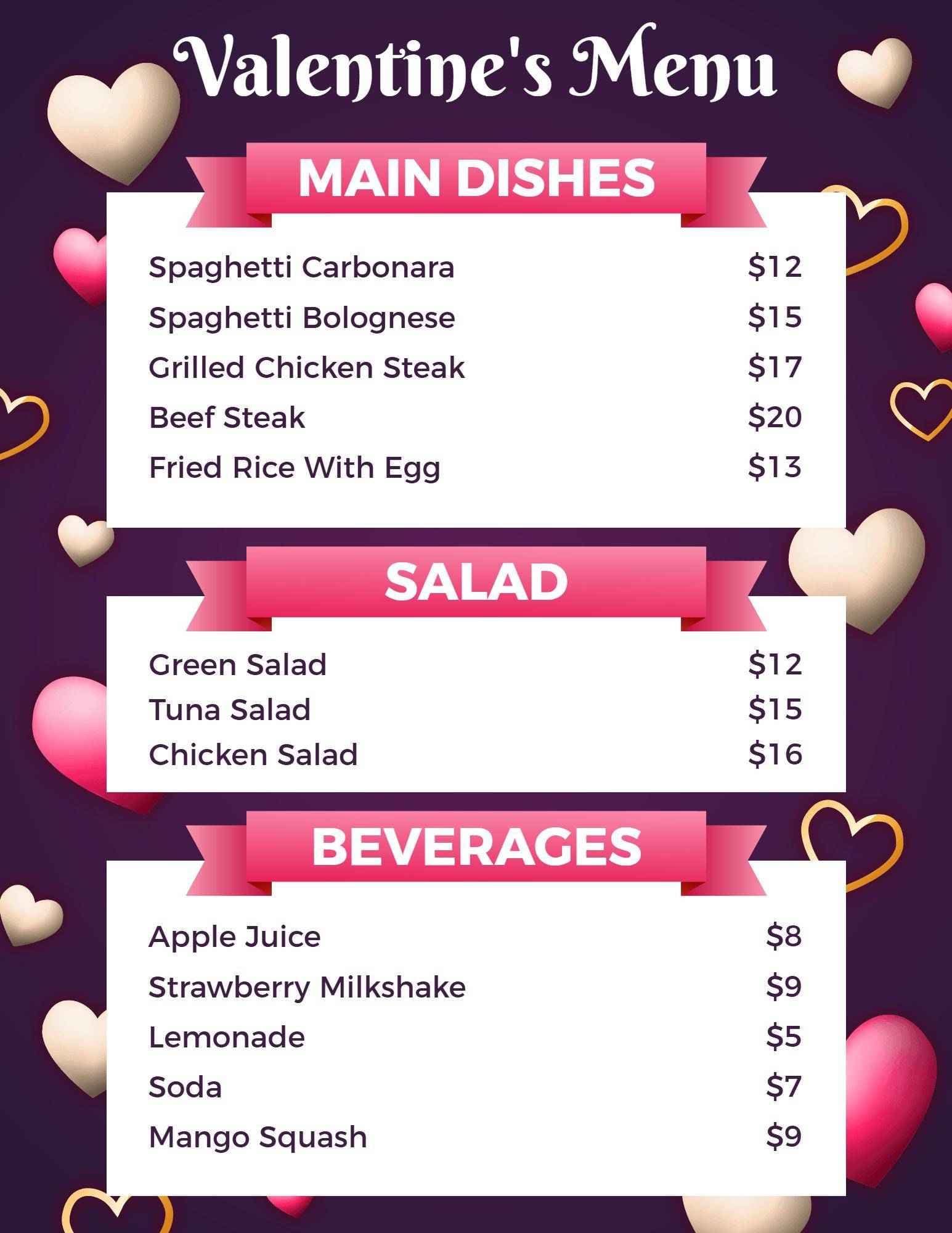 Romantic Dinner Main Courses and Sweet Treats for Valentine's Day Menu Template