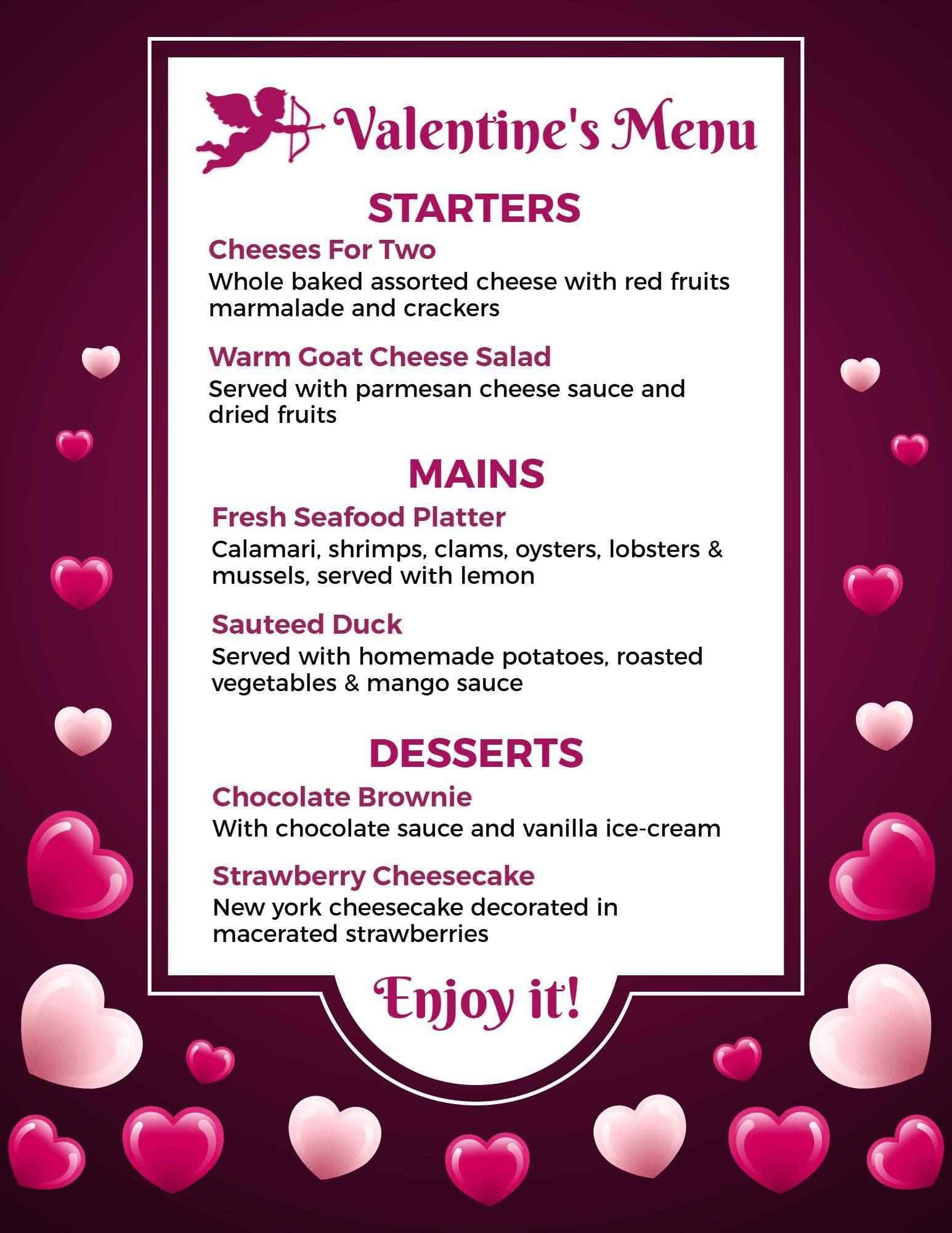 Romantic Dinner Selections for Couples on Valentine's Day Menu Template