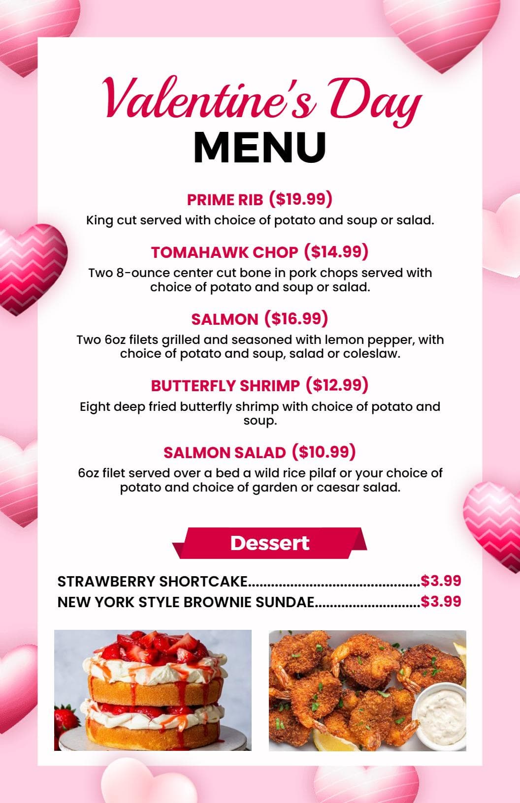 Romantic Dinner Selections for Couples on Valentine’s Day Menu Template