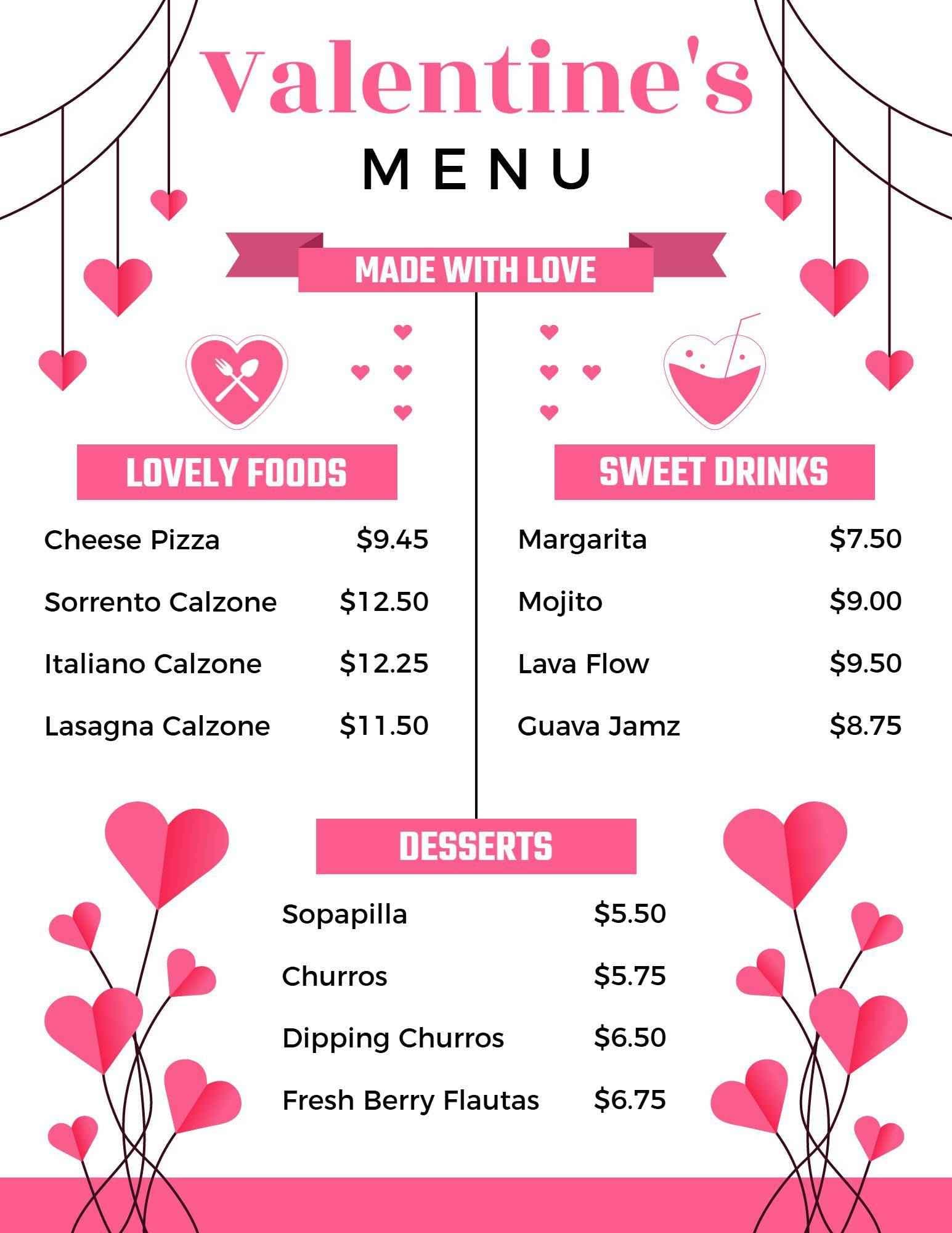Romantic Dinner Selections with Desserts and Drinks Valentine's Day Menu Template