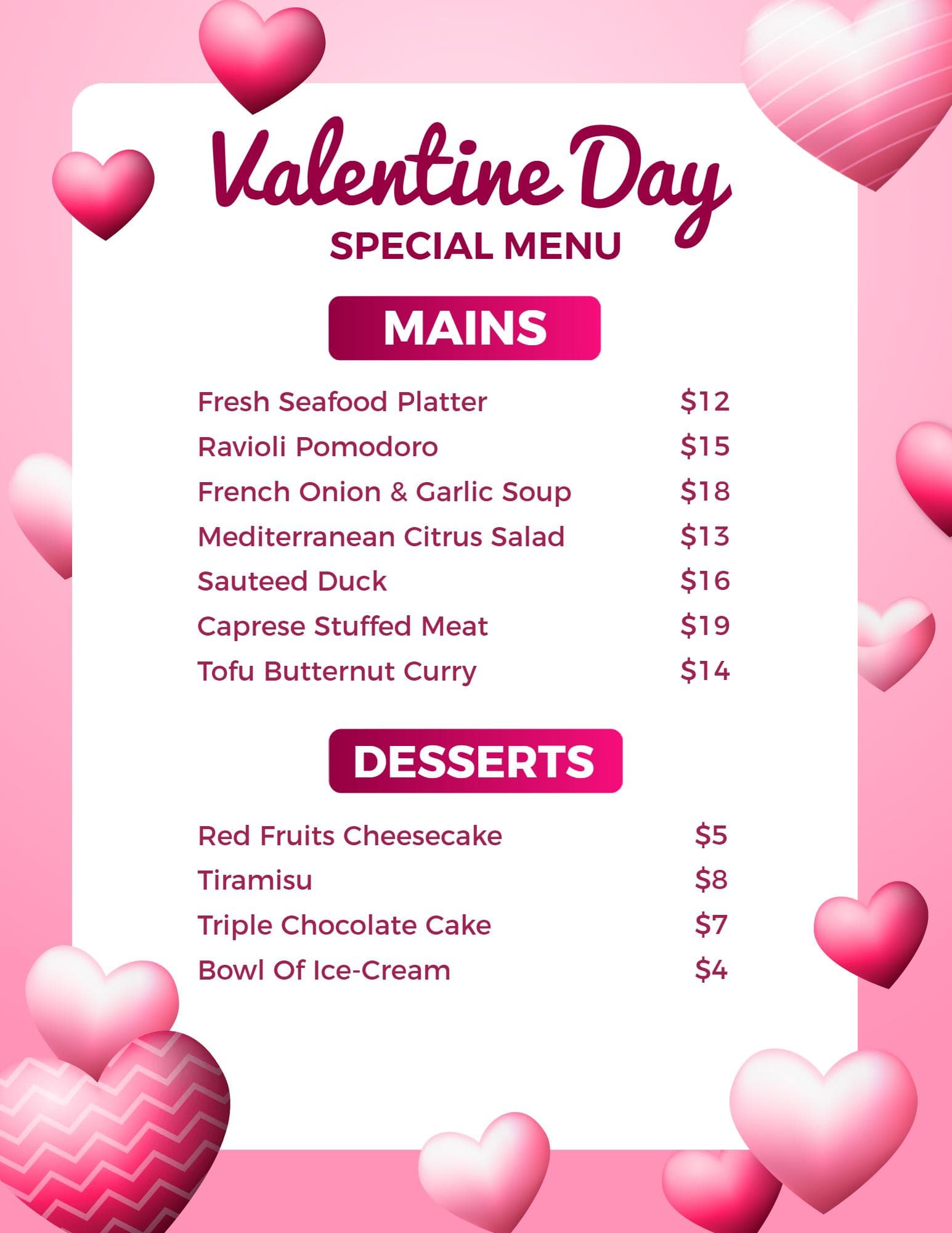 Romantic Dinner Specialty Dishes for a Sweet Celebration Valentine's Day Menu Template