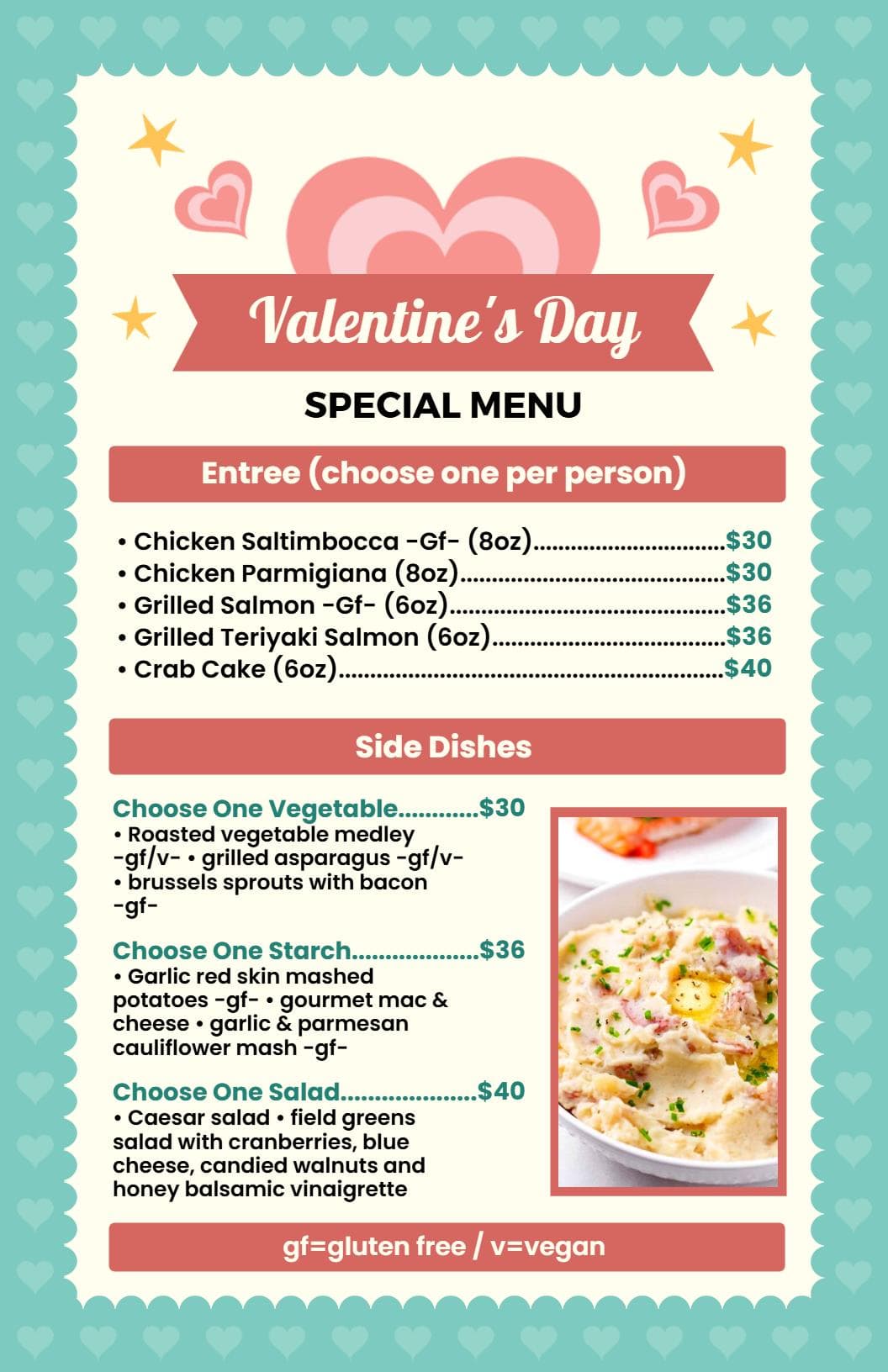 Romantic Entrees and Delightful Sides for Couples Valentine's Day Menu Template