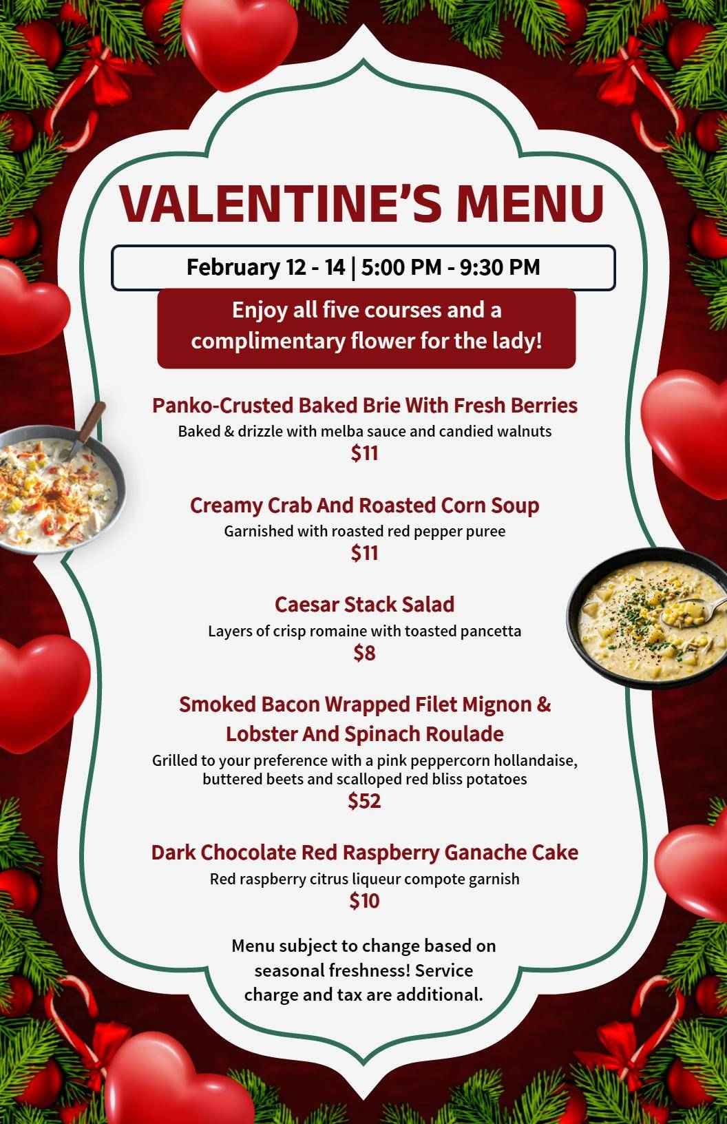Romantic Five-Course Dinner for Sweethearts Valentine's Day Menu Template