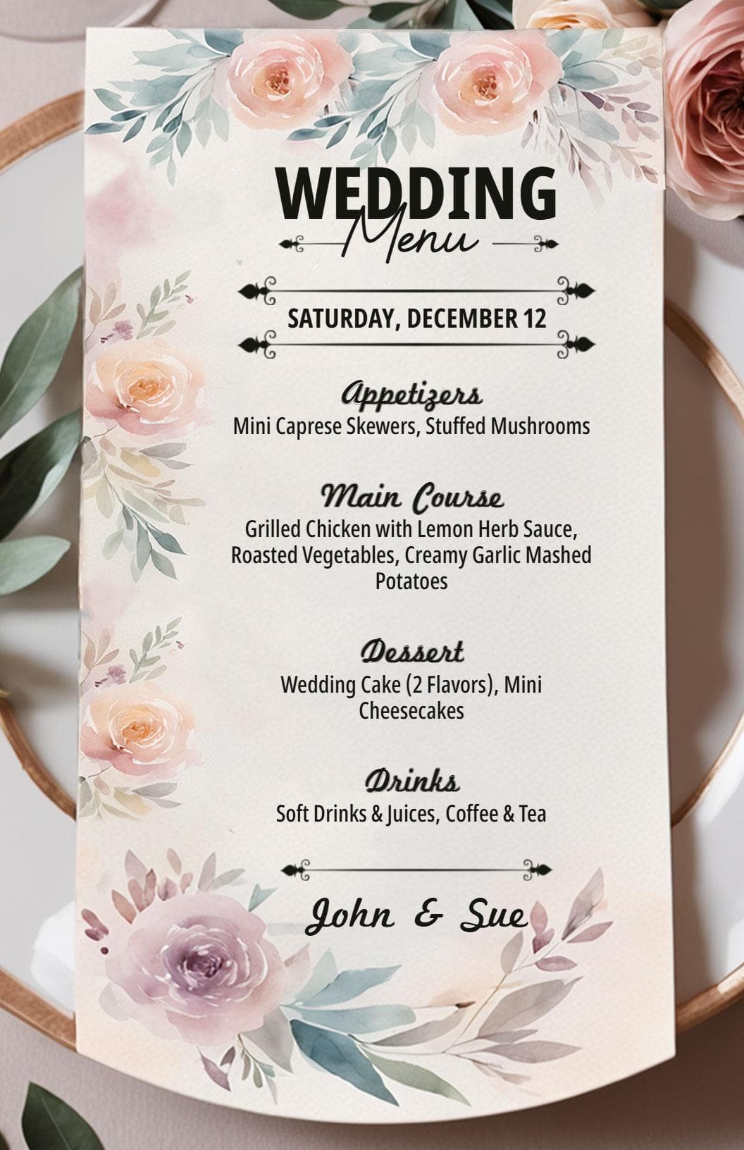 Romantic Floral Appetizers and Elegant Dinner Choices Wedding Menu Template