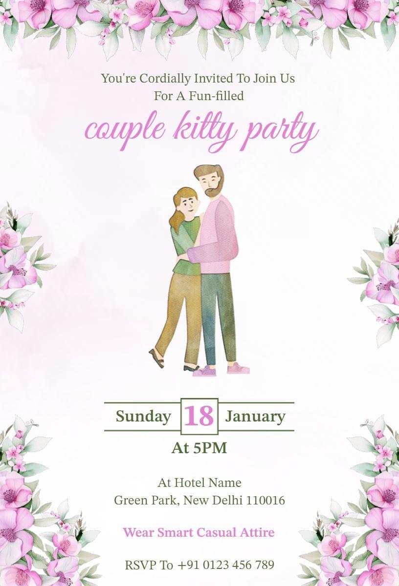 Romantic Floral Couple Kitty Party Invitation Template