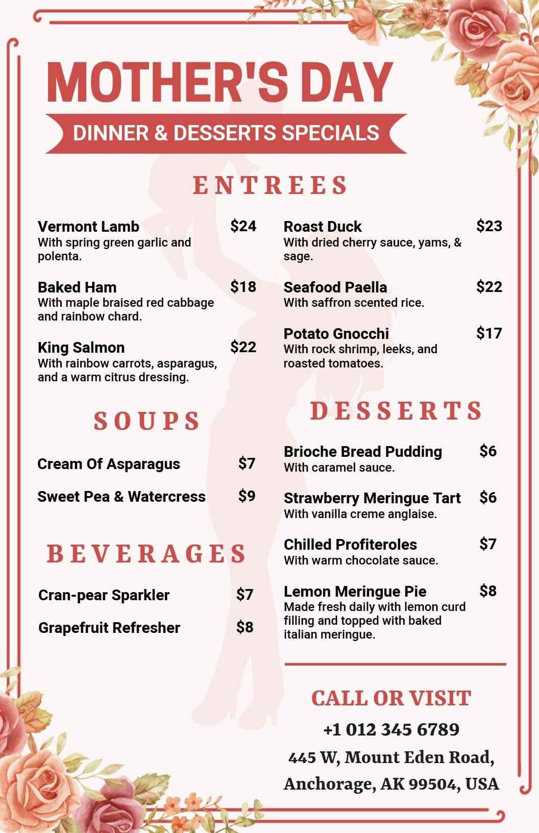Romantic Floral Mother's Day Dinner and Desserts Menu Template
