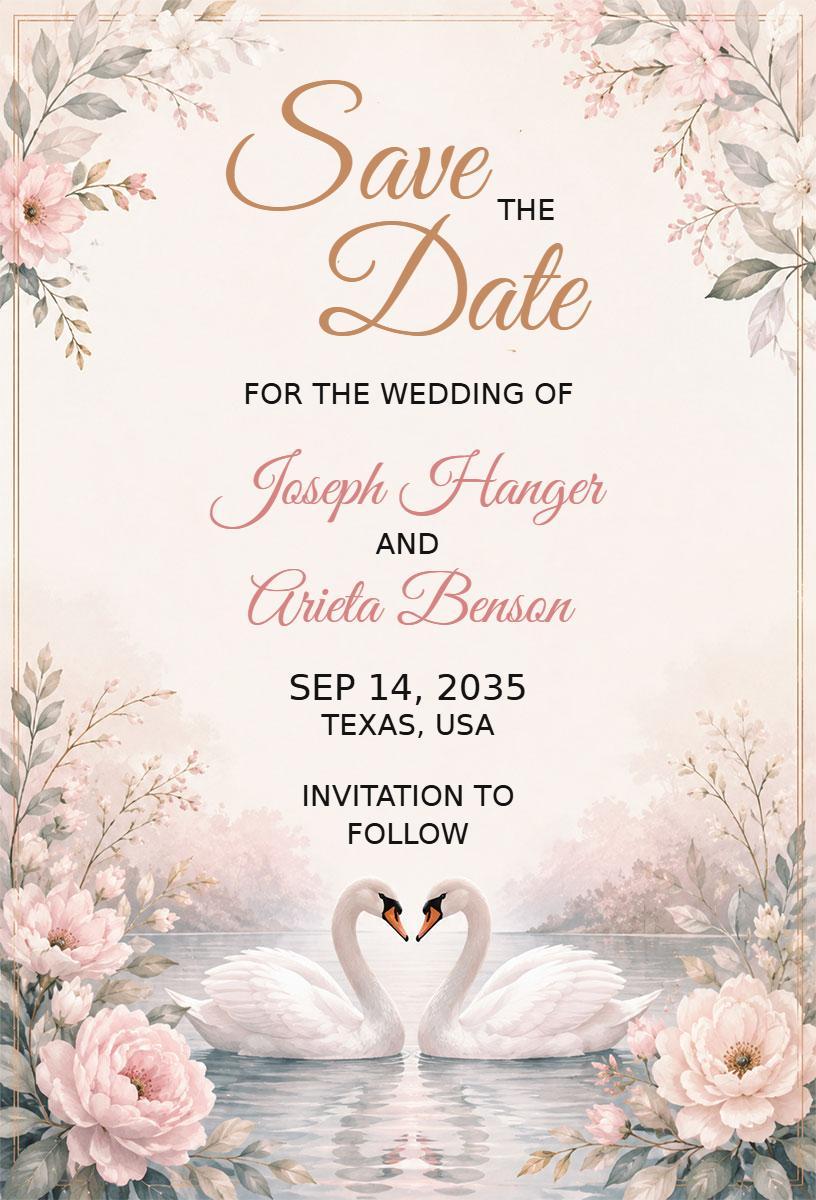 Romantic Floral Swan Save The Date Wedding Invitation Template