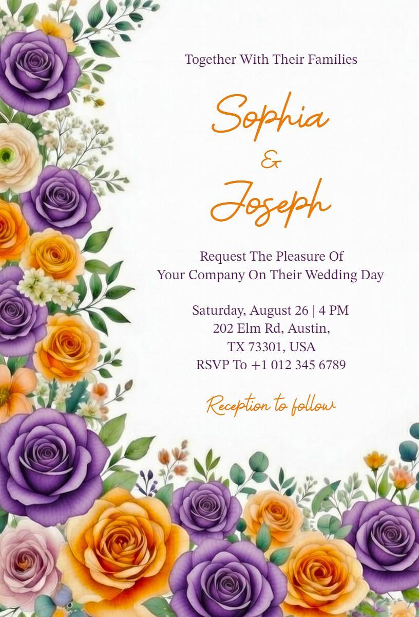 Romantic Purple Orange Rose Wedding Ceremony Invitation Template