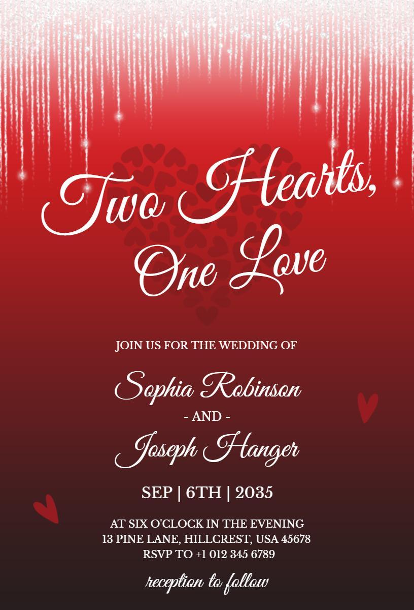 Romantic Red Heart One Love Wedding Invitation Template
