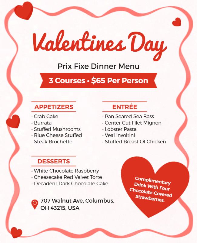 Romantic Red Heart-Themed Valentine's Day Dinner Menu Poster Template