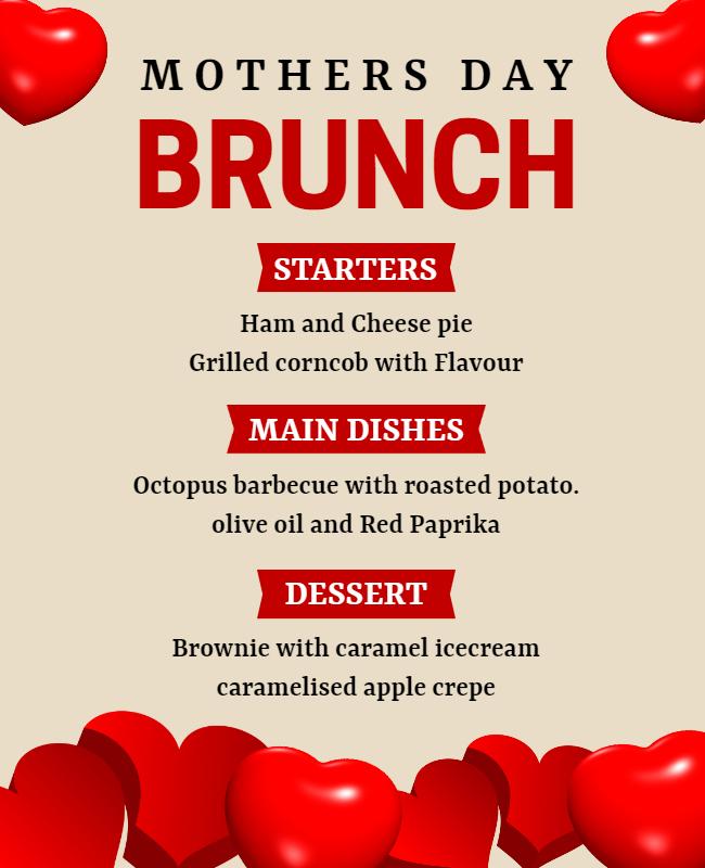 Romantic Red Hearts Mother's Day Brunch Menu Poster Template