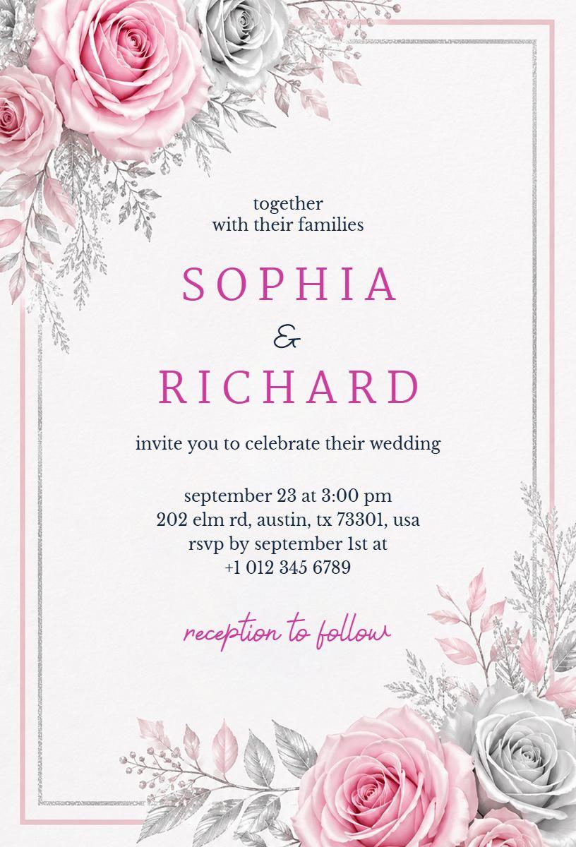 Romantic Rose Floral Elegant Wedding Celebration Invitation Template